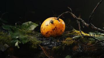 Vibrant yellow fruit on a moss-covered log with a spider, showcasing nature's intricate details photo
