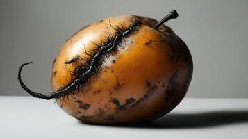 Strange and unusual melon with black worm-like growths on surface photo