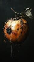 A surreal apple with roots and black spiders clinging to its surface against a dark background photo