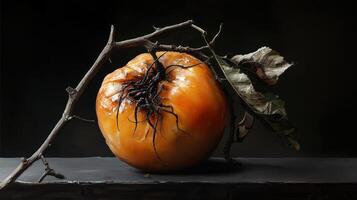 Rotting persimmon with dark roots and dry leaves on a black surface photo