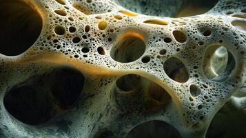 Abstract close-up of textured sponge-like surface with intricate holes and bubbles photo