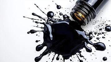 Spilled black paint from a bottle creating dynamic abstract splashes on a white surface photo