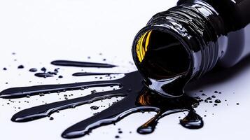 Spilled black ink from glass bottle creating abstract art on white surface photo