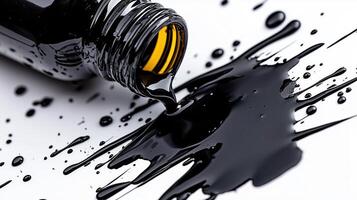 Black ink spill from glass bottle on white background with splashes photo