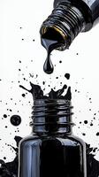 Black ink dropper bottle with splashing liquid on white background photo