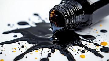 Spilled black liquid from oil bottle with orange droplets on white surface photo