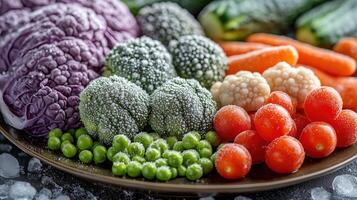 Colorful assortment of fresh frozen vegetables including broccoli, peas, and carrots on a dark plate photo