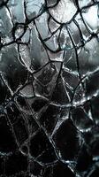 Close-up of fractured glass surface with intricate patterns and moisture droplets photo