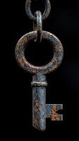 Rusty vintage key hanging on a chain, showcasing weathered texture and aged metal surface photo