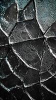 Close-up of shattered glass surface with intricate crack patterns and reflections photo
