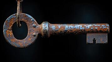 Close-up of a rusty antique key hanging on a dark background photo