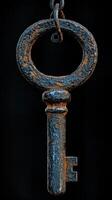 Rusty vintage key hanging from a chain with a dark background photo
