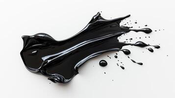 Black paint splash on white background with drips and splashes for artistic designs photo