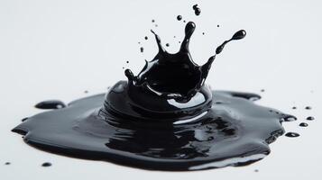 Black paint splash creating dynamic ripples on white background photo