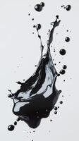 Dynamic splash of black liquid with bubbles against a white background photo