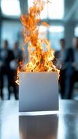 Burning document in office environment with abstract flames and professionals in background photo