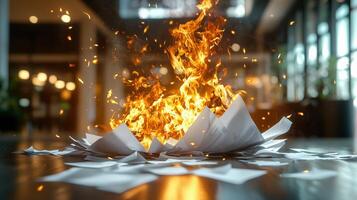 Fire burning in center of crumpled papers creating chaos in modern office environment photo