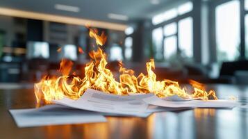 Burning papers on a table in a modern office environment photo