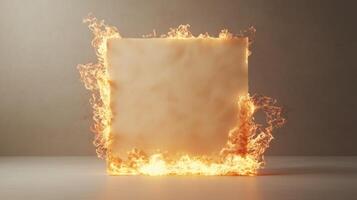 Burning square sheet with flames engulfing edges against a smoky background photo