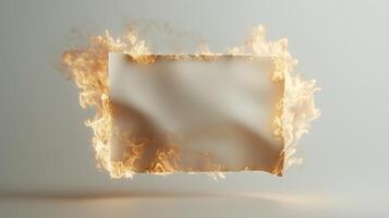 Burning paper frame surrounded by flames on white background photo