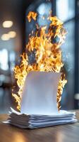 Papers on fire with flames erupting from stacked sheets in modern office setting photo