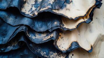 Abstract textured layers of blackened and cream tinted paper or fabric photo