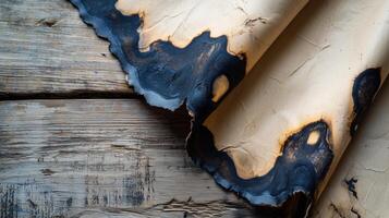 Close-up of burnt paper edges on wooden surface creating a unique texture photo