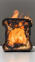 Burnt toast with flames erupting from the center, unique food photography photo