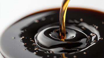 Rich dark syrup flowing smoothly into a shallow dish on a white background photo