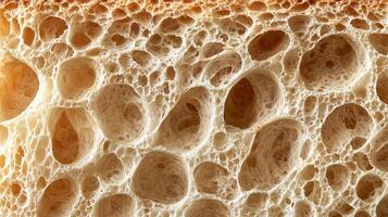 Close-up of bread texture with air bubbles and crust detail photo