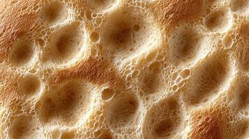 Close-up of crusty bread texture with air bubbles and golden brown color photo
