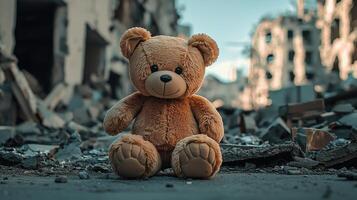 Lonely teddy bear plush toy in a desolate urban environment with rubble and debris photo
