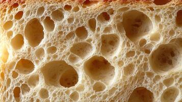Close-up of textured bread crust with air holes and alveoli structure photo