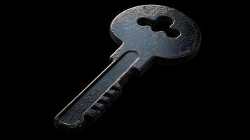Close-up of a vintage metal key with an intricate design and rough surface on a black background photo