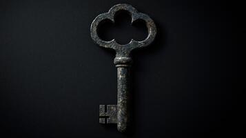 Vintage decorative key with a unique clover shape isolated on a black background photo