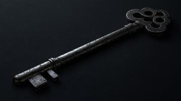 Vintage iron key with intricate design on dark background photo