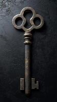Antique ornate key on textured dark stone background photo