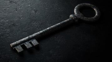 Old vintage key on dark textured surface with rustic patina photo