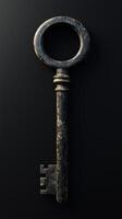 Antique key with circular handle and intricate details on black background photo
