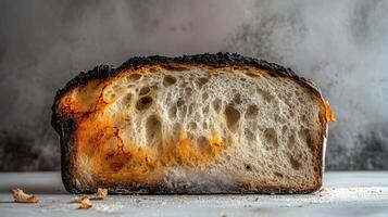 Crusty artisan bread slice with burnt crust and airy interior texture on grey background photo