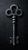 Vintage ornate key with a unique silhouette and historical design on a dark textured background photo