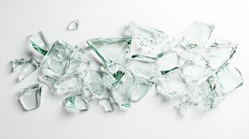 Shattered glass fragments scattered on white surface photo