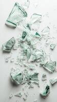 Broken glass shards scattered on a white surface, abstract glass texture photo
