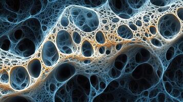 Abstract 3d render of blue and orange fractal wave with bubble-like structures photo