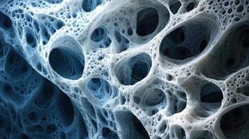 Close-up of abstract blue organic structure with interconnected holes and textures photo