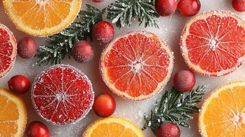 Festive citrus arrangement with frosted oranges, blood oranges, and cranberries on a light background photo