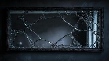 Cracked mirror with fractured glass frame reflecting dim light photo