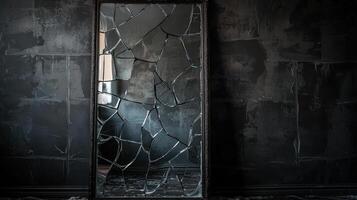 Shattered mirror in dark room with cracked reflection photo