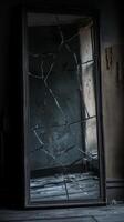 Cracked antique mirror reflecting dark abandoned room with shadows and dust photo