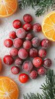 Frosted cranberries and orange slices arranged as a christmas tree on a snowy background photo